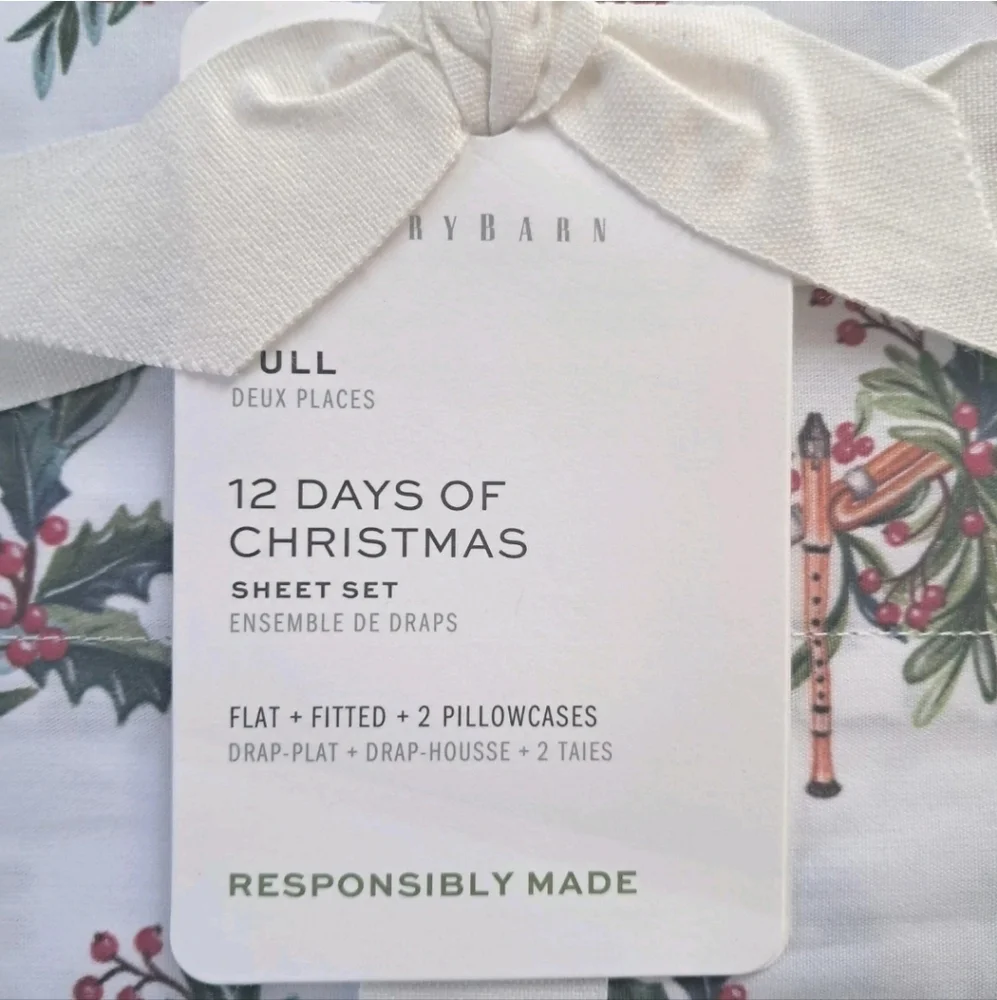 Pottery Barn Kids 12 Days of Christmas Full Sheet Set Holiday Birds Floral NEW